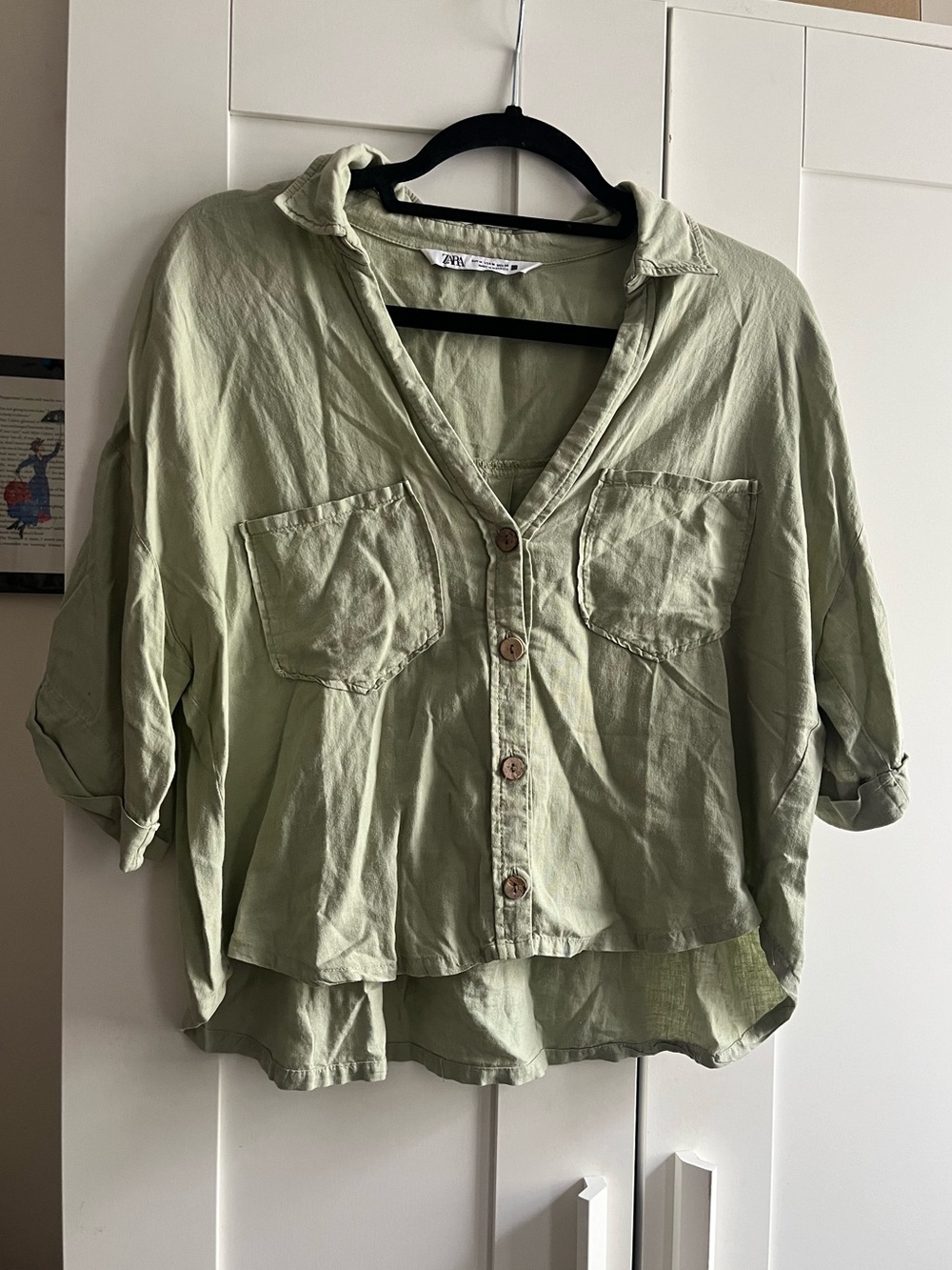 Zara Short Sleeve Button Down Linen and Viscose Top in Medium Faded Olive